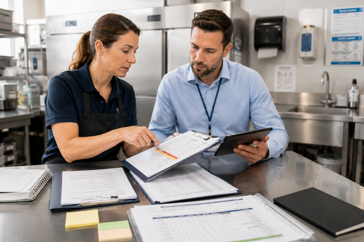 Food safety professionals reviewing audit findings, compliance reports, sanitation records, and corrective action plans in a commercial kitchen