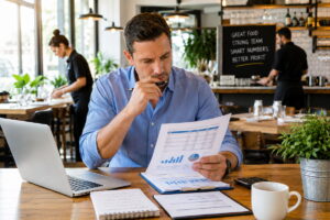 Restaurant manager reviewing labor cost reports, staffing performance, and profitability metrics in a Canadian restaurant.