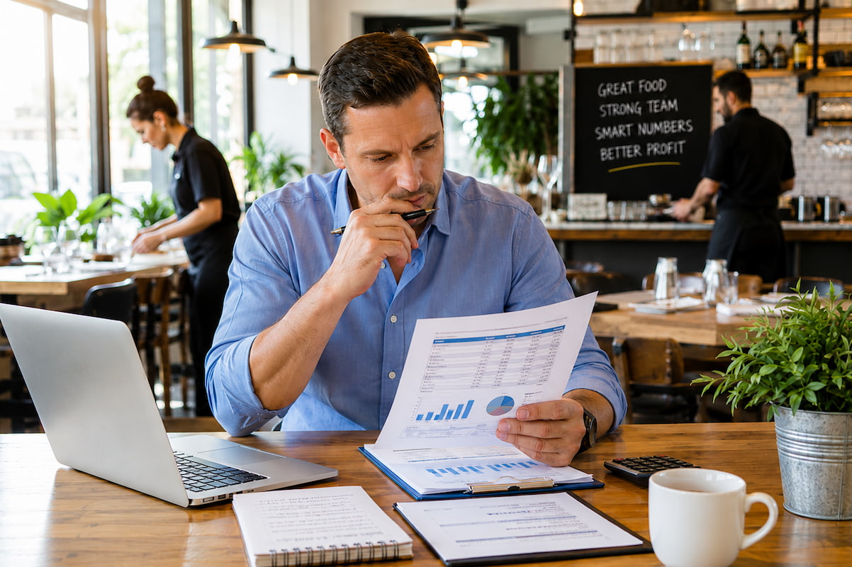 Restaurant manager reviewing labor cost reports and staffing schedules in Canada