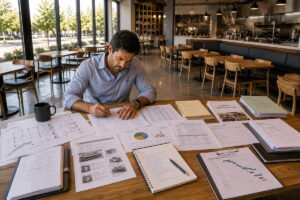Restaurant owner reviewing floor plans, permits, budgets, supplier proposals, equipment specifications, and opening documents inside a newly completed restaurant before opening day.