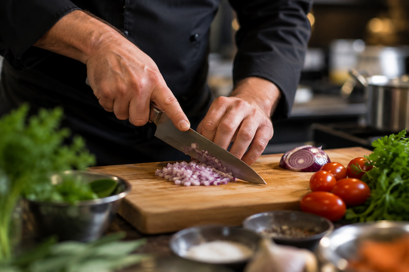 Chef demonstrating professional knife skills during a team building cooking class in Vancouver