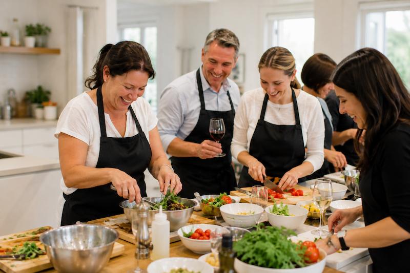 Participants preparing food together during a private team building cooking class in Vancouver