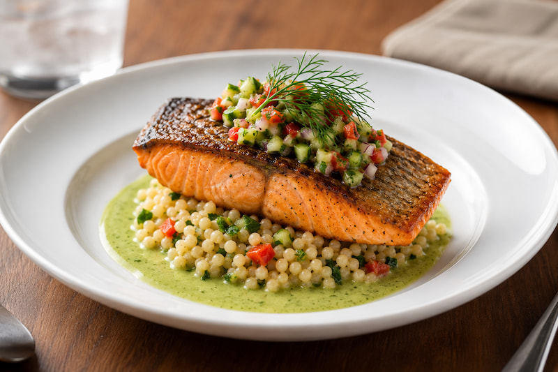 Pan-seared salmon prepared during a team building cooking class in Vancouver